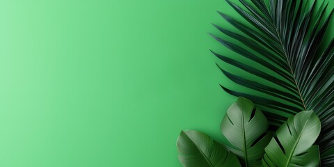 Lush green leaves against a vibrant green background create a fresh, tropical vibe.