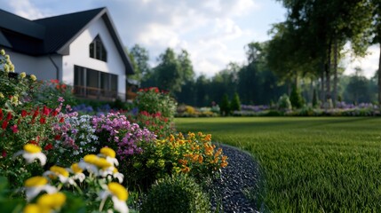 Obraz premium A house with a large yard full of flowers and trees