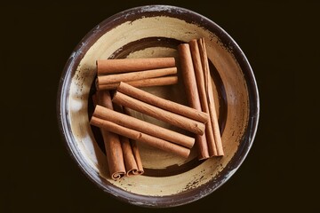 A photo of cinnamon sticks on a vintage plate, isolated on a black background