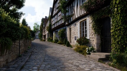 Obraz premium A street with a cobblestone road and houses with ivy growing on the side