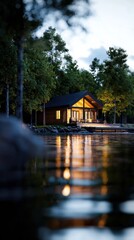 Obraz premium A small cabin is sitting on a dock by a lake