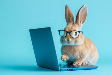 Funny cute business bunny rabbit animal wearing glasses and working on laptop computer at office against blue pastel background.