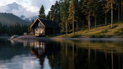 Fototapeta premium A small cabin is surrounded by trees and a lake