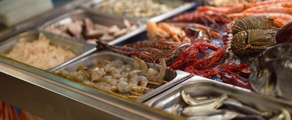 Fresh various seafood and shrimp on a fish market