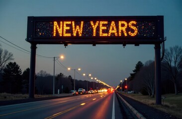 Illuminated billboard sign banner above the night route road with text New Years. New Year celebration concept