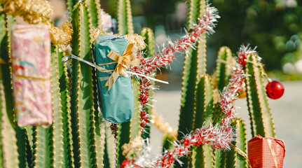 Cute gift attached to a large green cactus, closeup view, celebrating in exotic countries. © Zhanna