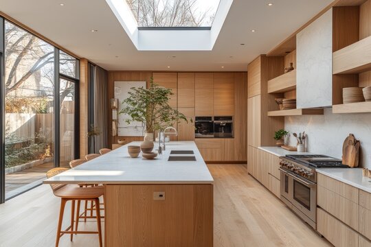 Modern kitchen with skylight, island, wood cabinets, and stainless steel appliances.