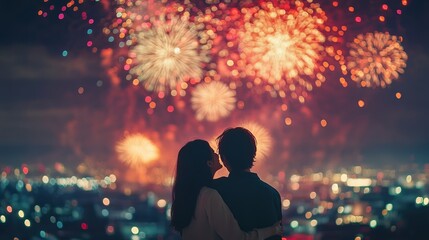  Couple warmly embraced gazes upwards in awe and delight as brilliant fireworks light up night sky, casting soft glow on their smiling faces.