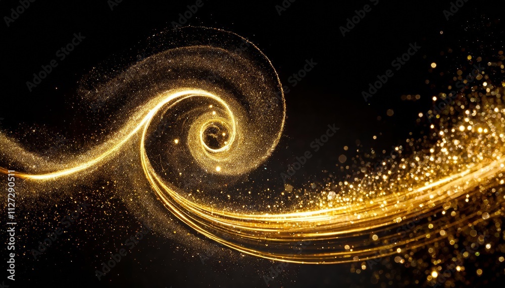 Poster golden sparkle trail dust in swirl wave style a mesmerizing display of shimmering particles and flow