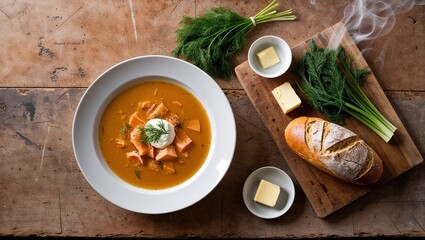 Finnish Salmon Soup with Fresh Dill, Cream, and Crusty Bread on Rustic Kitchen Countertop