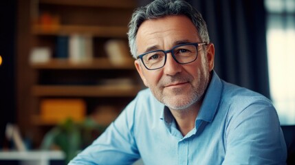 Obraz premium A middle-aged professional businessman, a smiling mature executive director, a male entrepreneur, a confident business owner with glasses in the office.
