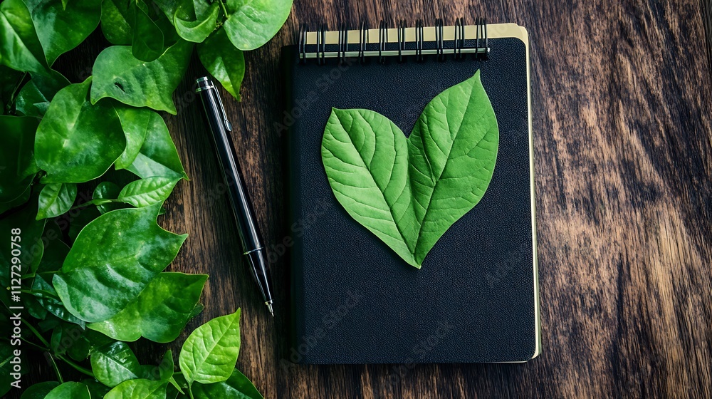 Wall mural Green leaves forming a heart shape on a notebook