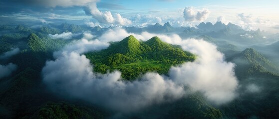 Fototapeta premium Climate action to reduce co2 emissions lush mountain landscape aerial view serene environment nature conservation efforts