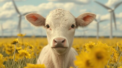 Naklejka premium A curious calf stands in a field of yellow flowers, surrounded by towering wind turbines against a bright, cloudy sky.