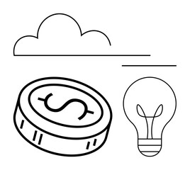 Cloud, dollar coin, and light bulb represent digital technology, innovation, and financial growth. Ideal for technology, business, finance, innovation investment marketing and brainstorming