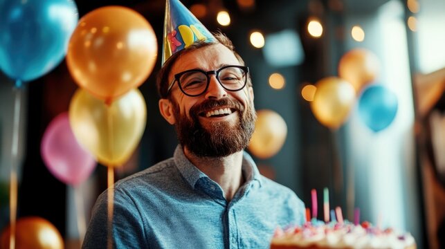 Portrait of a young man in the office. Colleagues are celebrating their birthday. The concept of a corporate party.