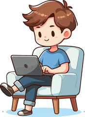 a boy is using his laptop vector