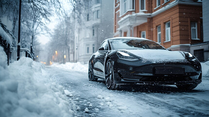 A sleek electric car abandoned on an icy street snow piling up around its summer tires.