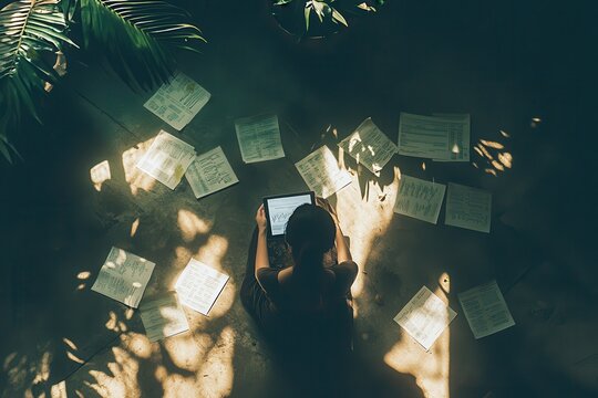 Person Reviewing Real Estate Investment Portfolios on Tablet Surrounded by Scattered Charts and Green Plant in Warm Overhead Lighting