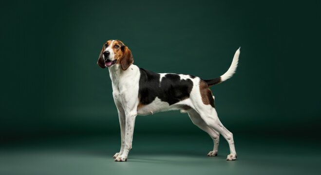 Energetic foxhound ready for play against a deep green backdrop - Powered by Adobe