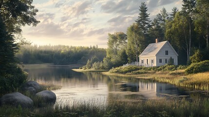 Fototapeta premium A serene lakeside scene featuring a cozy house surrounded by trees and calm waters.