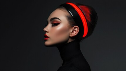 A woman with red lipstick and a red headband