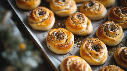 The inviting scent of freshly baked savory rolls fills the space, each swirl revealing a beautifully golden crust topped with herbs