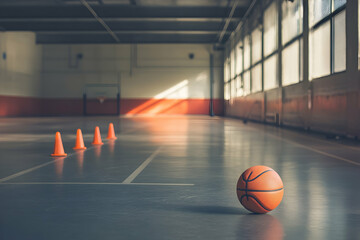 Afternoon light casts shadows on the gym floor, highlighting a basketball and cones
