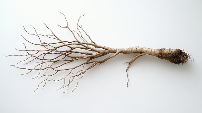  single taproot with lateral branches extending outward is isolated on a clean white canvas, emphasizing its symmetrical and balanced structure.
