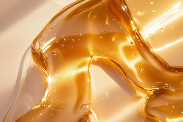 Beauty transparent moisturizing hydration hyaluronic acid gel serum texture detail close up make-up and cosmetics theme. Skin care product concept background golden color.