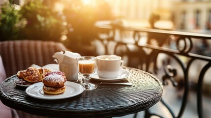 A delightful start to the day unfolds with fresh pastries and warm drinks on a balcony, basking in golden sunlight