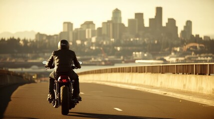 Obraz premium Rider navigates a winding road beside the water, silhouetted against a shimmering skyline at sunset, embodying freedom and adventure