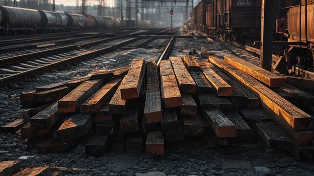 Brown railroad ties piled up next to active train tracks