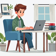 a boy is using his laptop vector
