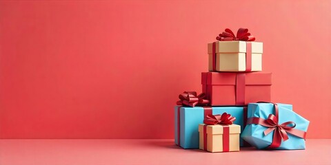Stack of Gift Boxes with Red Ribbons on a Coral Background