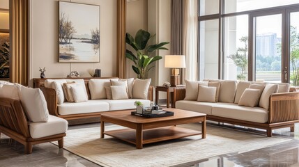 Modern living room with wooden sofa set, coffee table, and cream cushions.