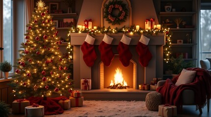 Fototapeta premium Cozy Christmas Eve Fireplace and Decorated Christmas Tree in a Living Room