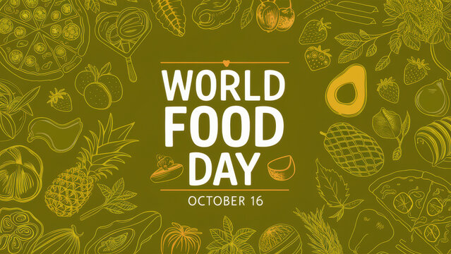 World Food Day, October 16, the text is prominently displayed in the middle, colorful food is placed around.