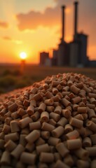Obraz premium Sunset Over Industrial Plant with Pile of Brown Cylindrical Objects