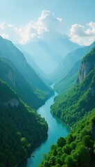 Naklejka premium Serene River Winding Through Lush Green Mountain Canyon Under a Bright Sunny Sky Peaceful Nature Landscape Photography