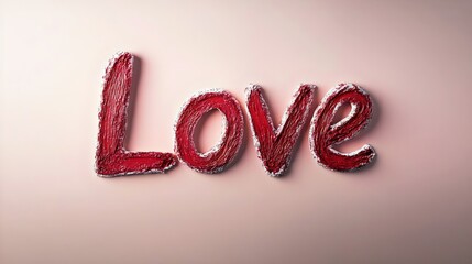 “Love” written in textured red typography on a neutral beige background