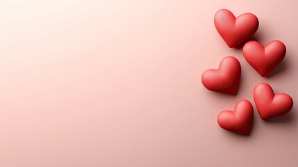 Five red hearts are artistically scattered across a dark pink backdrop, evoking feelings of love and warmth suitable for various romantic occasions and celebrations