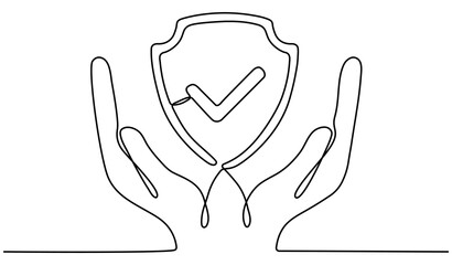 Hands hold shield badge continuous line art drawing. Approval check guard symbol in arm. Insurance sign. Vector illustration isolated on white.