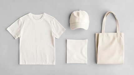White tshirt cap and tote bag mockup display
