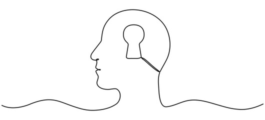 Head with keyhole inside continuous line drawing. Human potential concept. Vector hand drawn illustration isolated on white.