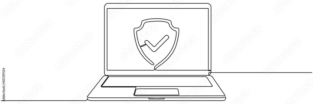 Fototapete open laptop with shield and check mark continuous line drawing. protect linear symbol on computer sc