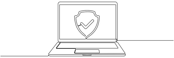 Open laptop with shield and check mark continuous line drawing.  Protect linear symbol on computer screen. Approved technology concept. Vector illustration isolated on white.