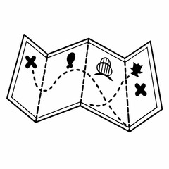 Black and white treasure map with dotted paths and icons