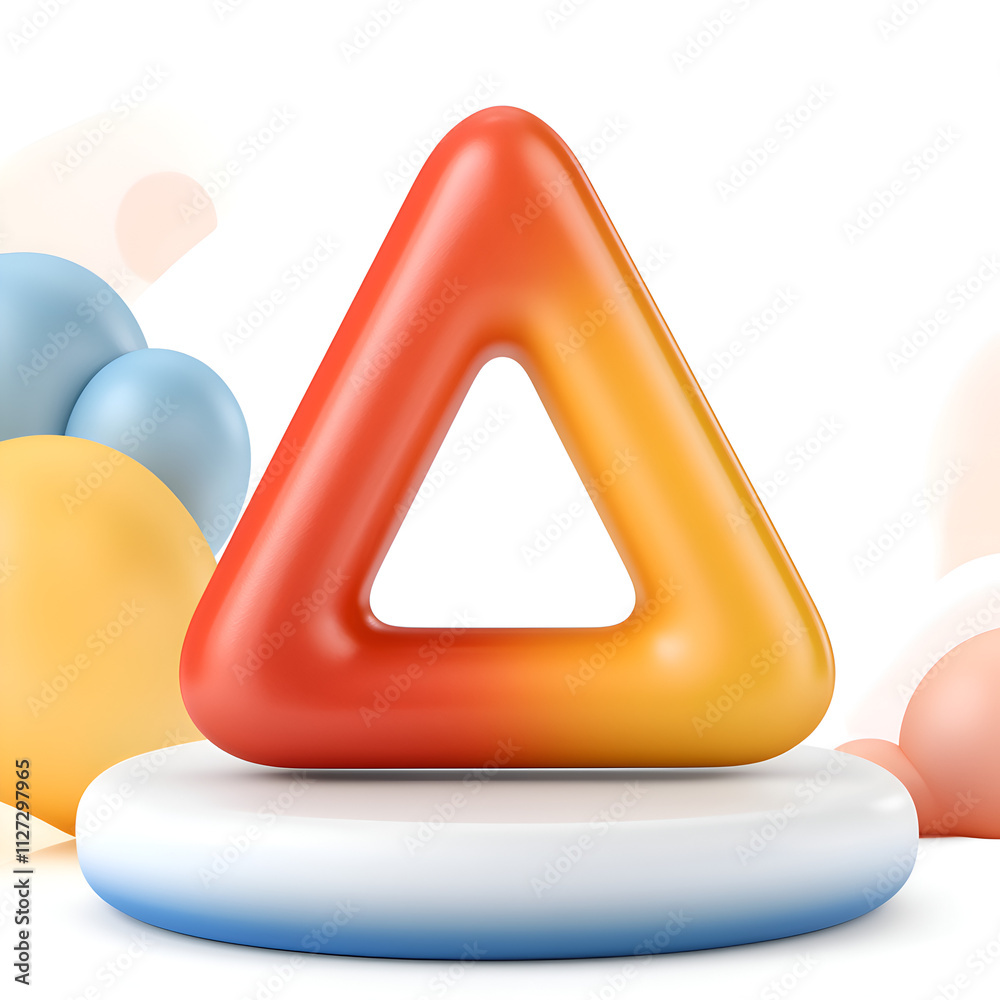 Wall mural a vibrant, stylized triangular shape sits on a smooth platform surrounded by colorful shapes.