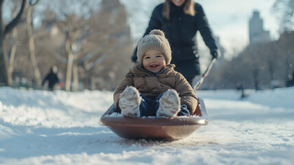 A toddler bundled up sitting on a sled as a parent pulls them across a snowy park.